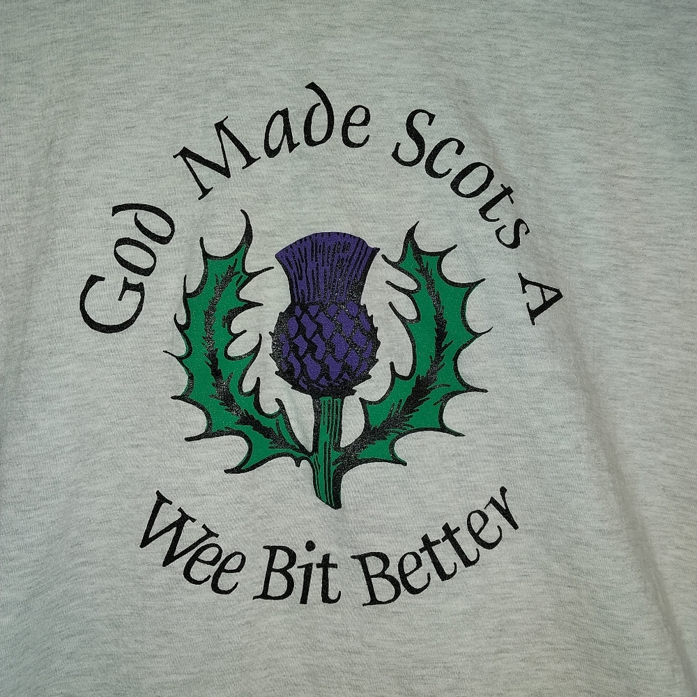 "God Made Scots a Wee Bit Better" Gray Tee with Thistle Graphic